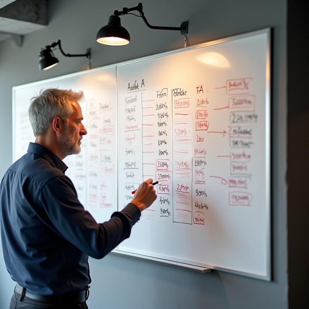 Planificare buget reclame online pe whiteboard cu cifre în lei