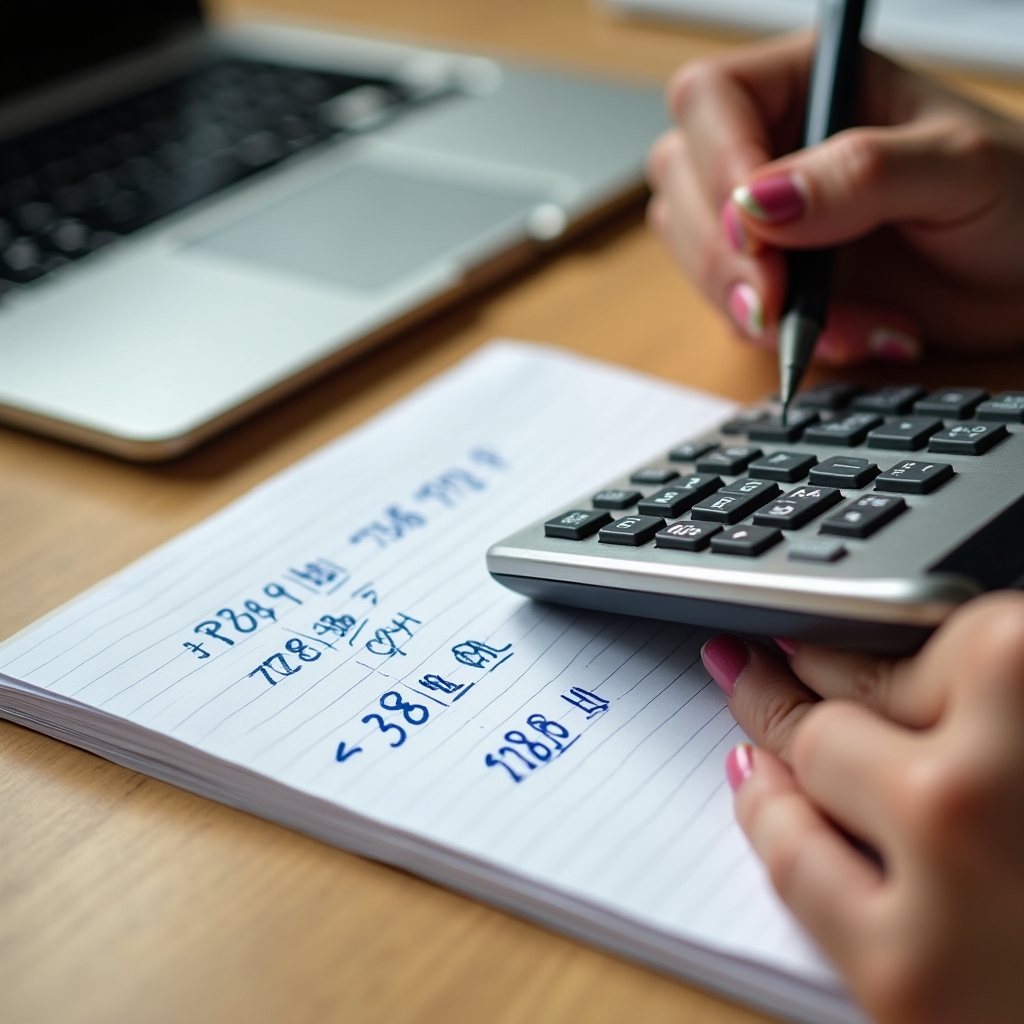 Calculator și foaie cu calcule cost per achiziție în lei
